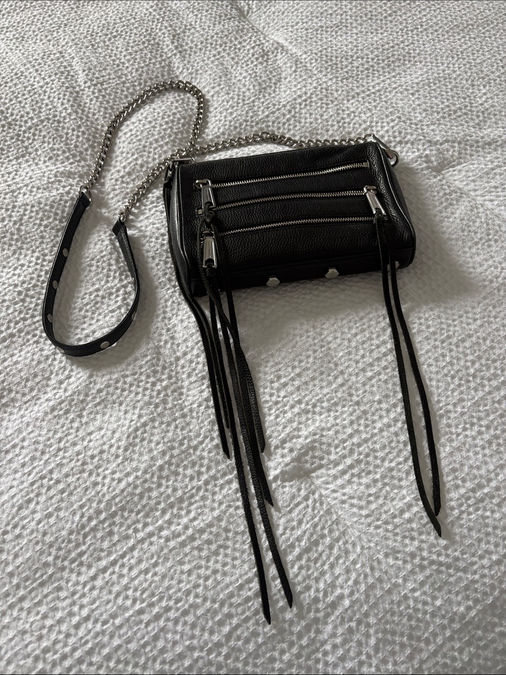 Rebecca Minkoff Black Leather Crossbody with Silver Chain Strap and Tassels